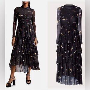 Ted Baker Mirande Dress- Mesh black floral tiered midi dress